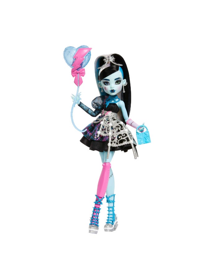 مونستر هاي Scary Sweet Birthday Doll, Frankie Stein in Black Party Dress with Themed Accessories like Invite, Balloon, Gift, Lipstick and More - Image 1